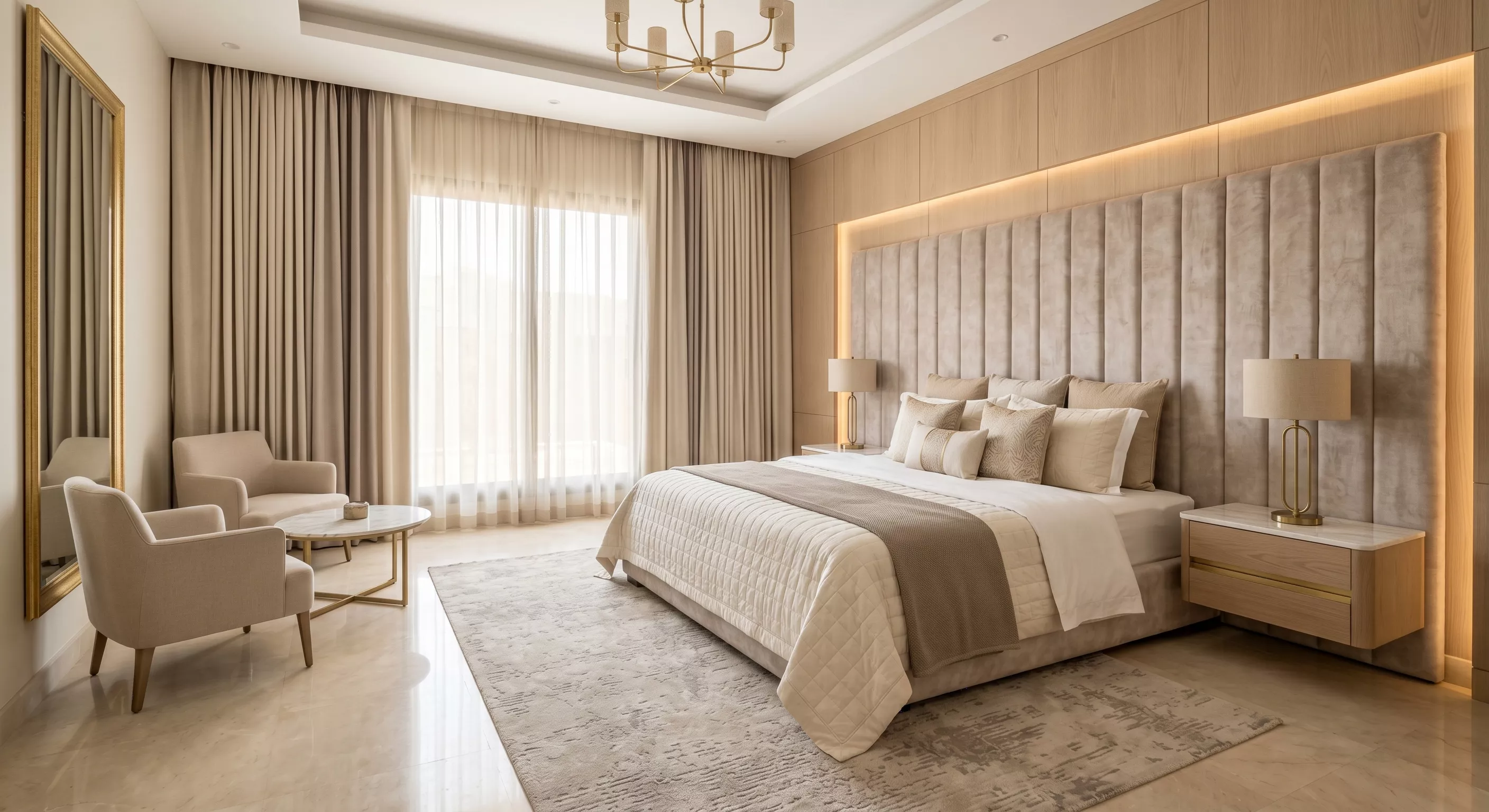 تصميم غرفة نوم ماستر فاخرة من SMD Decoration بألوان بيج وذهبي خفيف تصميم غرفة نوم ماستر فاخرة من SMD Decoration بألوان بيج وذهبي خفيف